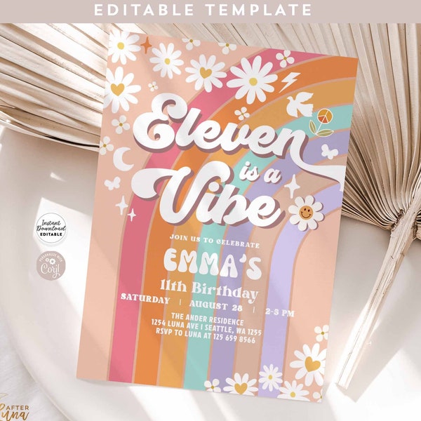 Editable 11th Groovy Birthday Invite Eleven is a Vibe Daisy Rainbow Groovy Invite Hippie Birthday Invitation Instant Download 633K1 (11)