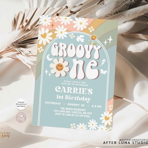 Editable Muted Green Blue Peach Groovy ONE 1st Birthday Invite Daisy Hippie 70&#39;s Retro 1st Birthday Invitation Instant Download 665K2 (1-1)