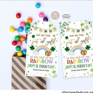 Editable St. Patrick&#39;s Day Pot of Gold Rainbow Gift Tag Kids Classroom Customer Teacher St Patrick Tags Printable Instant Download 346 (4)