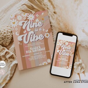 Editable NINE is A Vibe 9th Groovy Birthday Invite Daisy Rainbow Beige Earthy Mauve Hippie Birthday Invitation Instant Download 633K5 (9)