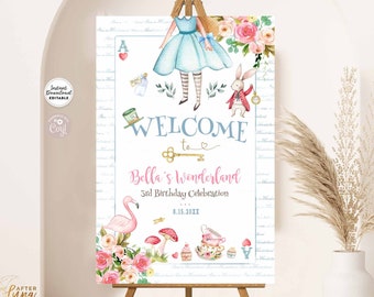 Editable ANY AGE Blue Alice In Wonderland Onederland Tea Party Birthday Welcome Sign Wonderland Sign Template Instant Download 789V13