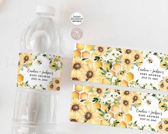 Bewerkbaar zonnebloem bij waterflesetiket Sweet As Can Bee Babyshower strooi waterfles decor label afdrukbare Instant Download 846V1