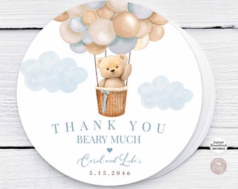 Editable Boho Blue Hot Air Balloon Boy Teddy Bear Baby Shower Thank You Favor Gift Tag Favor Round Sticker Template Instant Download 905V1