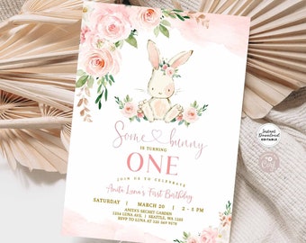 Editable ANY AGE Some Bunny is One Birthday Invitation  Rabbit Birthday Invitation Easter Bunny Invite Template Instant Download 674K1 (1)