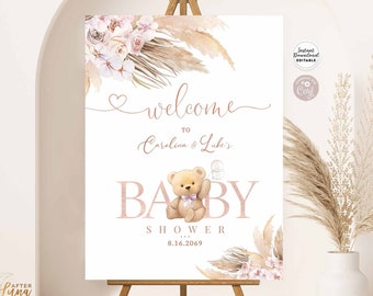 Editable Pink Pampas Grass Boho Blue Bear We Can Bearly Wait Baby Shower Welcome Sign Decor Decors Template Instant Download 904V2