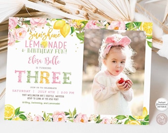 Editable Lemonade First Birthday Invitation Pink Lemon Birthday Photo Invitation Sunshine Lemonade Fun Invite Instant Download AL1490 (3)