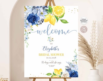 Editable Blue Floral Lemon Bridal Shower Baby Shower Sprinkle Welcome Sign Yard Sign 24x36 18x24 16x20 Template Instant Download 157BR5