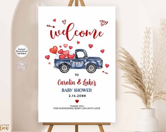 Editable ANY EVENT Valentine Blue Navy Truck Heart Balloon Baby Shower Sprinkle Birthday Welcome Yard Sign Printable Instant Download 856V1