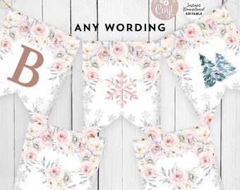 Editable ANY WORDING Pennant Banner 8.5x11" Winter Pink Snowflake Baby Bridal Shower Sprinkle Birthday Banner Template Instant Download 62V2