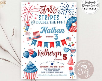 Editable 4th of July Birthday Invitation 2 Kids Boy Girl Joint Sibling Double Sparkle July 4th Birthday Invite Instant Download AL1477