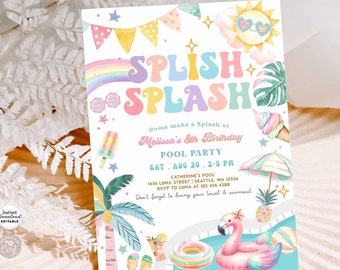 May include: A colorful invitation for a pool party with the text "Splish Splash Come make a Splash at Melissa's 8th Birthday Pool Party Sat. Aug 30. 2-5 PM Catherine's Pool 1456 Luna Street Seattle, WA 12556 RSVP to Luna at 125 456 4588 Don't forget to bring your towel & swimsuit #AfterLunaStudio After Luna Studio"