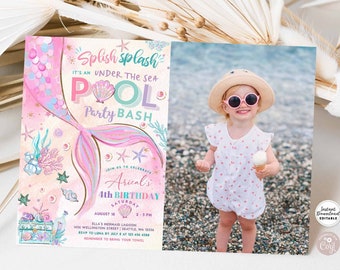 May include: A pink and blue mermaid-themed birthday party invitation with a photo of a young girl in a pink swimsuit and a straw hat. The invitation features a mermaid tail, seashells, and the text "Splish Splash It's an Under the Sea Pool Party Bash".