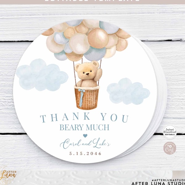 Editable Boho Blue Hot Air Balloon Boy Teddy Bear Baby Shower Thank You Favor Gift Tag Favor Round Sticker Template Instant Download 905V1