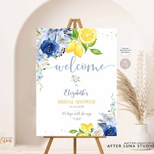 Cartello di benvenuto per addio al nubilato e baby shower con motivo floreale blu e limone modificabile, 24x36, 18x24, 16x20, modello da scaricare immediatamente 157BR5