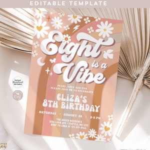 Editable 8th Daisy Rainbow Beige Earthy Mauve EIGHT is A Vibe Birthday Invite Hippie 70s Birthday Invitation Instant Download 633K5 (8)