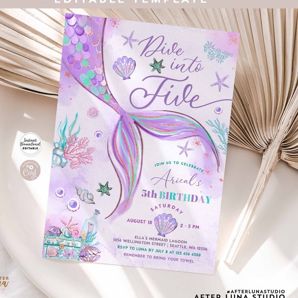 Editable Dive into Five Mermaid Purple Teal 5th Mermaid Birthday Little Mermaid Invite Printable Template Instant Download 1329V2 (10)