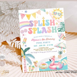 May include: A colorful invitation for a pool party with the text "Splish Splash Come make a Splash at Melissa's 8th Birthday Pool Party Sat. Aug 30. 2-5 PM Catherine's Pool 1456 Luna Street Seattle, WA 12556 RSVP to Luna at 125 456 4588 Don't forget to bring your towel & swimsuit #AfterLunaStudio After Luna Studio"