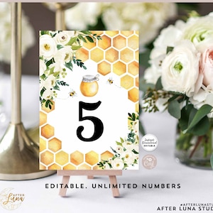 Editable 5x7&quot; Bee Table Number Little Honey Bumble Bee Table Decor Printable Drive By Baby Shower Favors Template Instant Download 845V1