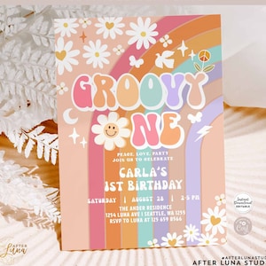 Editable Groovy One Invite Daisy Rainbow Groovy ONE 1st Birthday Invite Hippie 70's Retro 1st Birthday Invitation Instant Download 633K4 (1)