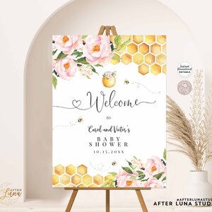 Bewerkbare rustieke roze honing Bumble Bee baby shower baby strooi welkom teken tuin teken 24 x 36 18 x 24 16 x 20 afdrukbare Instant Download 845V2