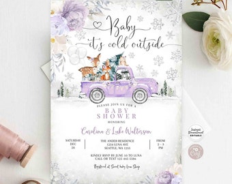 May include: Purple and white baby shower invitation with a winter theme. The invitation features a purple truck with a Christmas tree and woodland animals. The text reads "Baby it's cold outside".