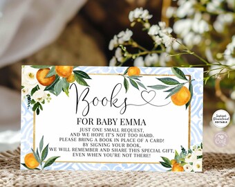 Bearbeitbare Blau Little Cutie Orange Citrus Baby Shower Bücher für Baby Ticket Insert Greenery Mandarin Orange Card Instant Download 249V2