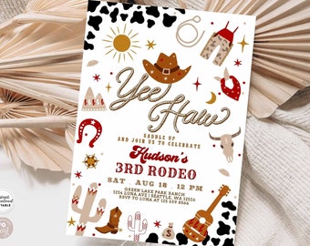 May include: A printable invitation for a 3rd birthday rodeo party. The invitation features a white background with a red and gold cowboy theme. The text reads "Saddle Up and Join Us to Celebrate Hudson's 3rd Rodeo".