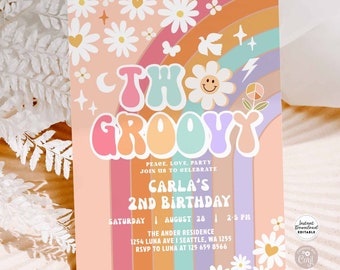 Editable TWO Groovy Invite Daisy Rainbow Groovy 2nd Birthday Invite Hippie 70's Retro 1st Birthday Invitation Instant Download 633K4 (2)