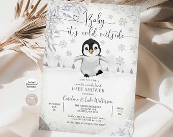 Könnte beinhalten: Eine Babyparty-Einladung mit einer Pinguin-Illustration. Die Einladung ist mit Schneeflocken und einem Winterwunderland-Thema verziert. Der Text lautet "Baby it's cold outside" und "Feiern Sie mit uns eine Winterwunderland-Babyparty zu Ehren von Carolina & Luke Walterson".
