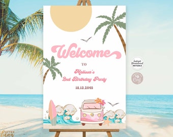 May include: A welcome sign for a 2nd birthday party with a pink and white color scheme. The sign features a cartoon van with flowers, a surfboard, and palm trees. The text on the sign reads "Welcome to Melissa's 2nd Birthday Party 18.13.2045".