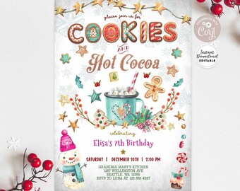 Könnte beinhalten: Eine druckbare Einladung zu einer Cookies- und heißer Schokolade-Geburtstagsparty. Die Einladung zeigt eine Aquarell-Illustration von Keksen, heißer Schokolade, einem Schneemann und einem Lebkuchenmann. Der Text auf der Einladung lautet "Bitte schließen Sie sich uns an für Cookies und heiße Schokolade zur Feier von Elisas 7. Geburtstag".