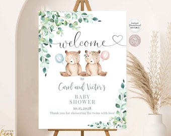 Redigerbar tvillingpojkeflicka tvillingar nallebjörn babyshower babyströssel välkomstskylt trädgårdsskylt mall direkt nedladdning 1432V4