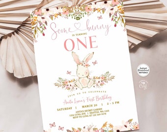 Editable ANY AGE Some Bunny is One Birthday Invitation Rabbit Birthday Invitation Easter Bunny Invite Template Instant Download 934K2 (1)