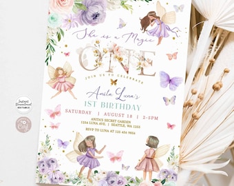 Peut inclure: Une invitation imprimable pour une fête de premier anniversaire sur le thème des fées. L'invitation présente un motif floral violet, rose et vert avec des papillons et des fées. Le texte de l'invitation indique "She is a Magic One" et comprend le nom de la petite fille, la date, l'heure et le lieu de la fête.
