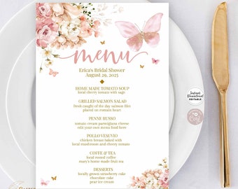 Editable ANY EVENT Boho Pink Butterfly Baby Bridal Shower Baptism Birthday Editable Menu Printable Template Instant Download 331