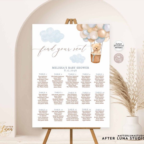 Editable Boy Teddy Bear Hot Air Balloon Seating Chart Baby Shower Sprinkle Seating Chart Printable Template Instant Download 905V1