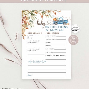 Editable Personalized Fall Autumn Pumpkin Baby Predictions and Advice Gender Neutral Boy Girl Game Template Instant Download 1261V1