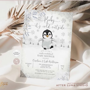 Editable Winter Penguin Baby Shower Invitation Gender Neutral Boy Girl White Gray Silver Penguin Invite Instant Download 1236V1 (1)
