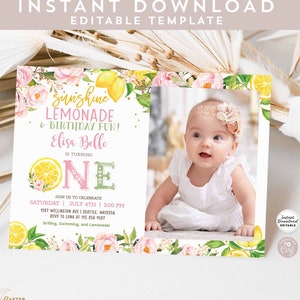 Editable Lemonade First Birthday Invitation Pink Lemon Birthday Photo Invitation Sunshine Lemonade Fun Invite Instant Download AL1490 (6)