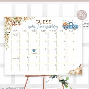 Editable otoño azul calabaza camión bebé ducha espolvoreada fecha de vencimiento calendario signo 18x24 " + 16x20" plantilla de signo descarga instantánea 1261V1 -