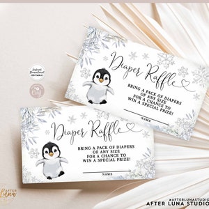 Editable Invierno Copo de Nieve Pingüino Baby Shower Invitación Insertar Pañal Raffle Ticket Plantilla Imprimible Descarga Instantánea 1236V1