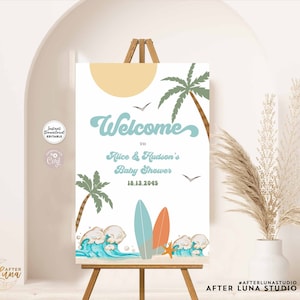 Editable Surf Surfing Blue Boy Surf&#39;s Up Birthday Baby Shower Decor Welcome Sign Beach Party Decor Printable Instant Download 630V1 / 630K1
