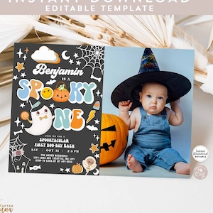 Editable Boy Spooky One Halloween Ghost Spooktacular 1st Birthday Photo Invitation Cute Ghost Birthday Template Instant Download 626V16 (2)