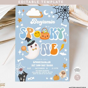 Editable Boy Spooky One Halloween Ghost Spooktacular 1st Birthday Party Invitation Cute Ghost Birthday Template Instant Download 626V14 (1)