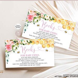 Bewerkbare roze bloemen honingbij Bumble Bee baby shower boeken voor baby invoegen breng een boek kaart afdrukbare sjabloon Instant Download 841V1
