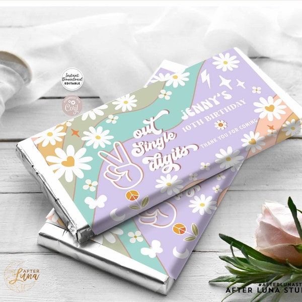 Editable Boho Groovy Daisy Rainbow Birthday Peace Out Single Digits Chocolate Bar Wrapper Candy Bar Wrapper Template Instant Download 665K3