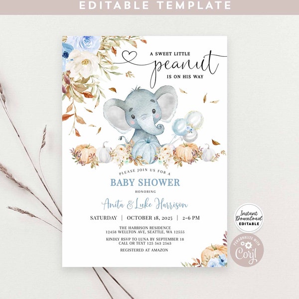 Editable Fall Elephant Blue Pumpkin Baby Shower Sprinkle Invitation Boy Little Peanut On His Way Invite Template Instant Download 1216V2