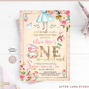 Editable Vintage Alice in Wonderland Gold Alice in Onederland 1st Birthday Mad Tea Party Invite Printable Template Instant Download 786 (1)