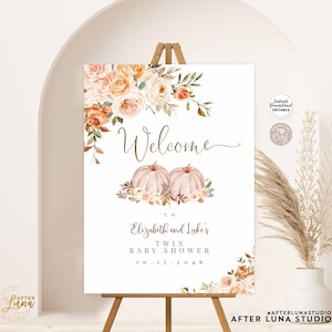 Editable Twin Girls Fall Pumpkin Baby Shower Sprinkle Bridal Couple Wedding Welcome Yard Sign Template Instant Download 29V12
