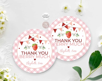 Editable Pink Strawberry Thank You Berry Much Tag Round Tag Sticker Label Printable Birthday Baby Shower Template Instant Download 1483K2